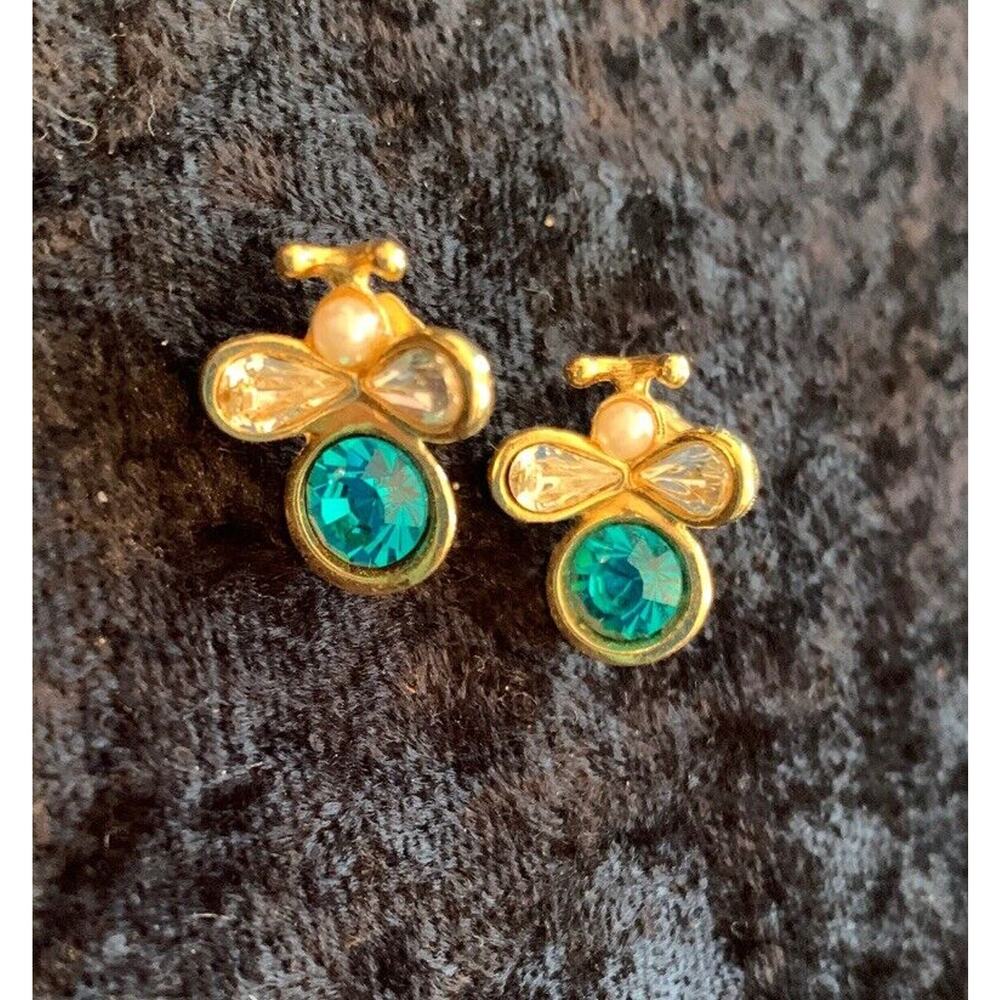 Small‎ Post Earrings Angel Teal and Clear Stones Delicate Pierced 3/4"
